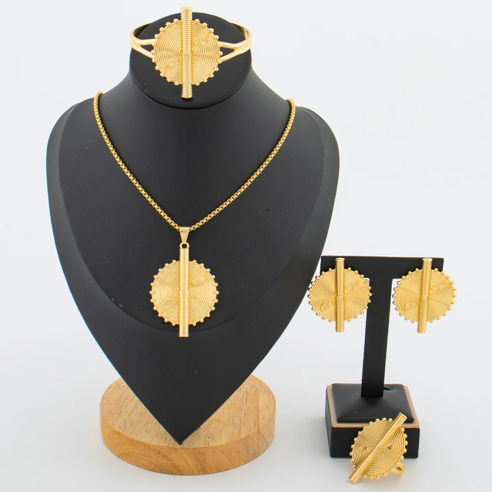 

Brazilian Golden Color Jewelry Set for Women Statement Pendant Necklace and Earrings African Cuff Bangle Ring Set for Engagement