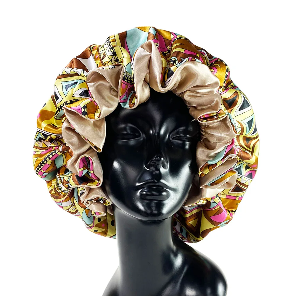 Women Satin Bonnet Cap Double Layer Silky Big Bonnet for Lady Printing Sleep Cap Head Wrap 5