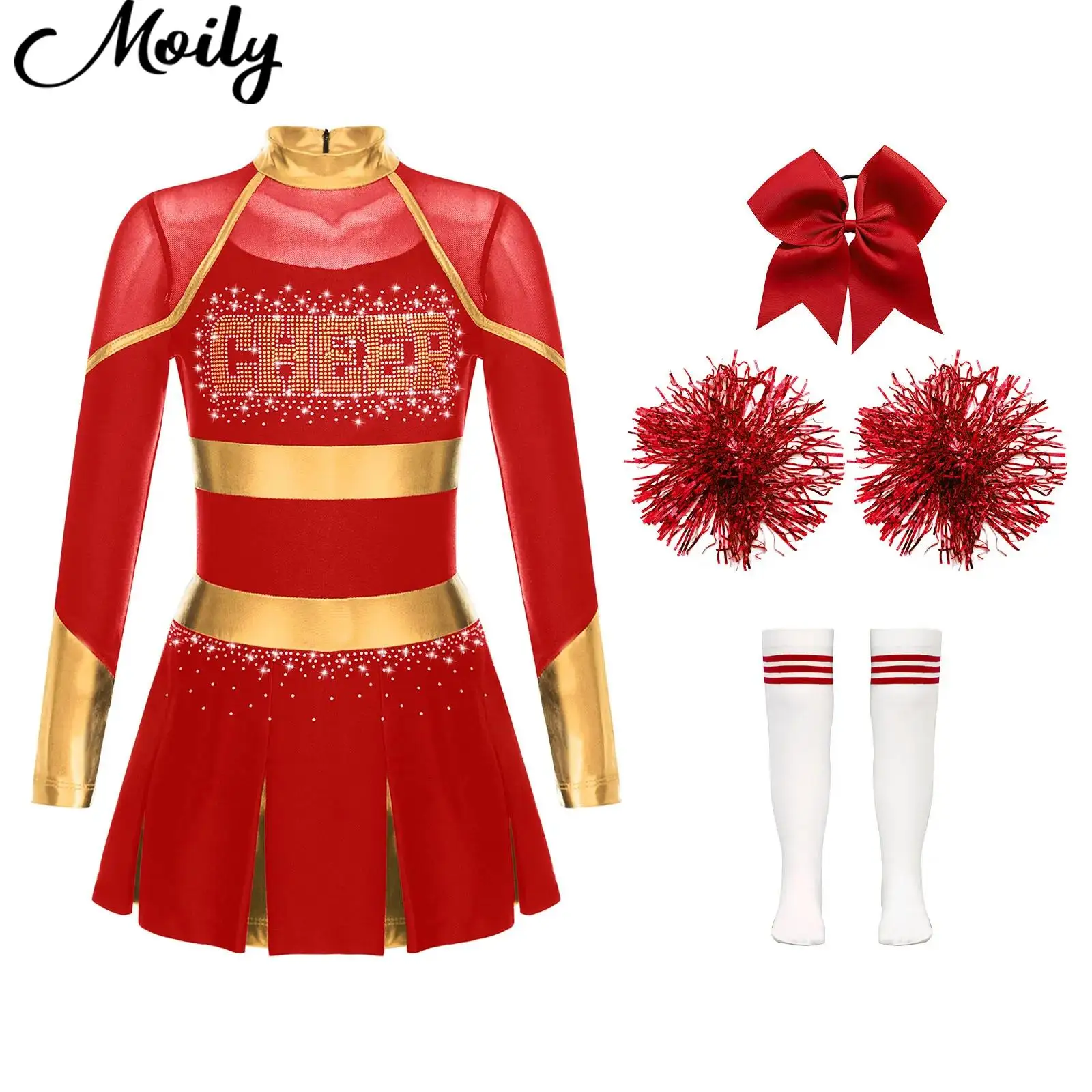 

Kids Cosplay Cheerleading Costume Girls Cheerleader Schoolgirls Uniform Metallic Dress Hand Flowers Socks Team Dance Outfits