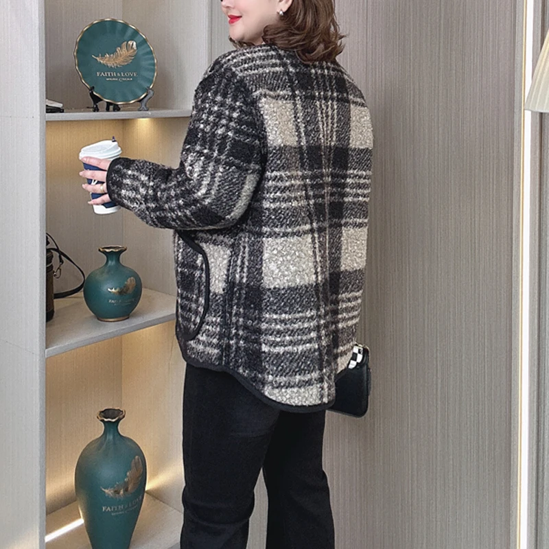 Chic Fleece-lined Woolen Coat Women 2024 Plus Size Autumn Winter Loose Casual Plaid Jacket 694