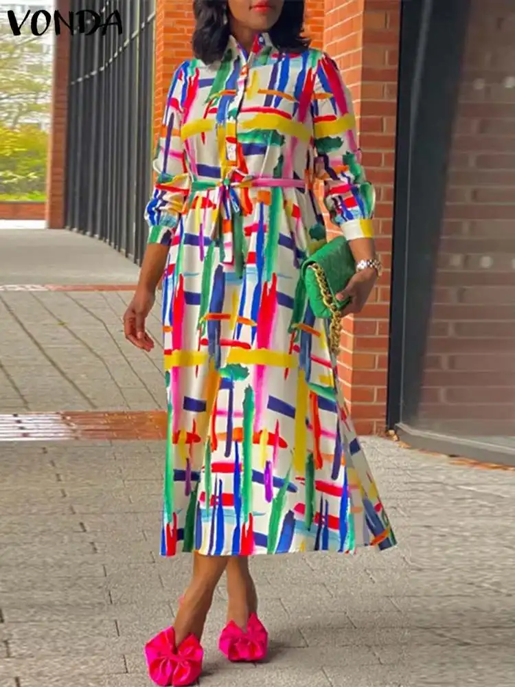 

VONDA Bohemian Shirt Dress 2024 Women Long Sleeve Dress Vintage Stand Collar Printed Midi Vestidos Casual Belted Kaftan Sundress