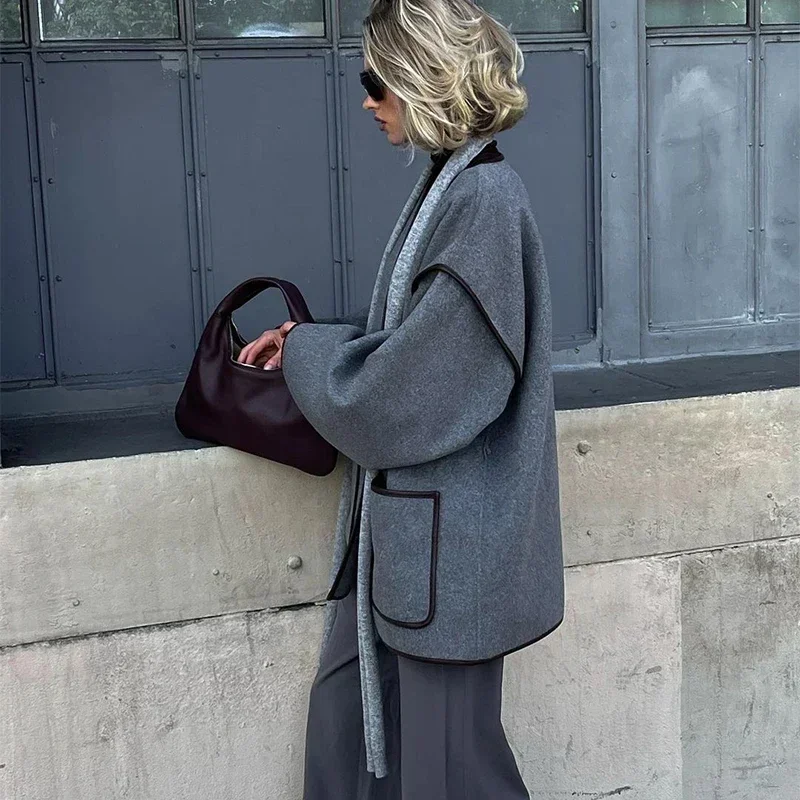Elegant Patchwork Belt Women's Coats Women Contrast V-neck Long Sleeve Pocket Female Overcoats Autumn Lady New in Outwear