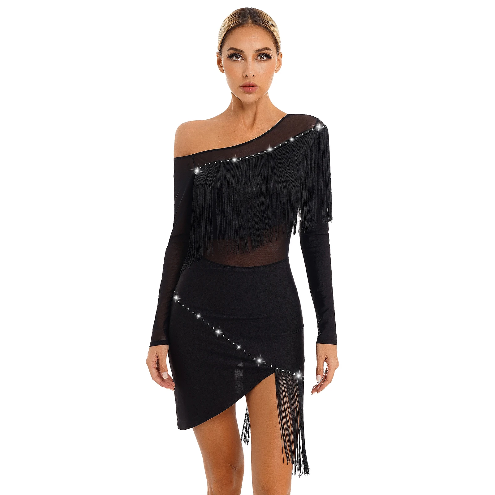 

Womens Tassel Latin Dance Dress Long Sleeve Sheer Mesh Patchwork Fringed Dresses for Tango Cha-Cha Samba Performance Dancewear