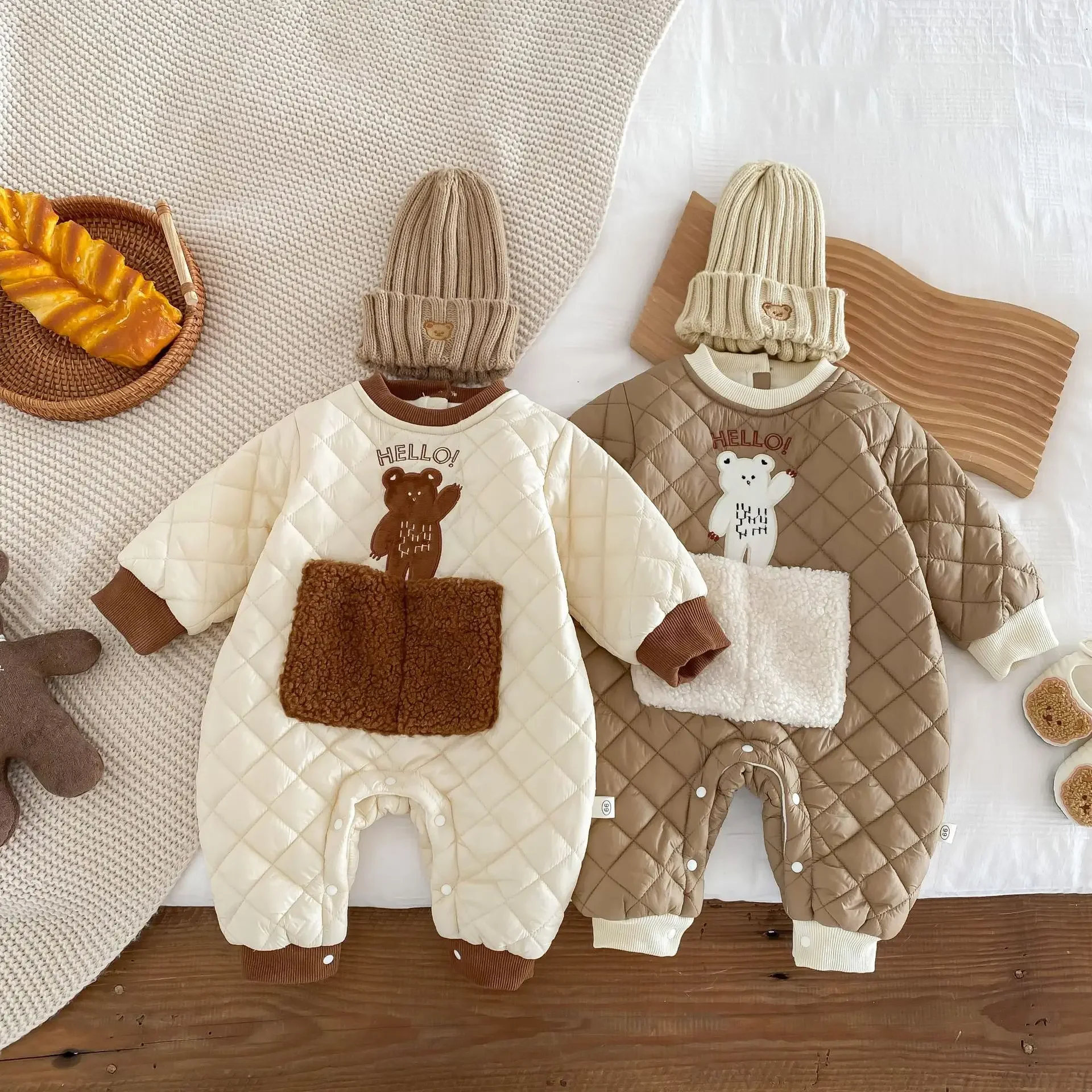 

Infant Baby Girls Boys Full Sleeve Cartoon Bear Kangaroo Bag One-pieces Kids Newborn Quilted Plush Jumpsuits Toddler Romper