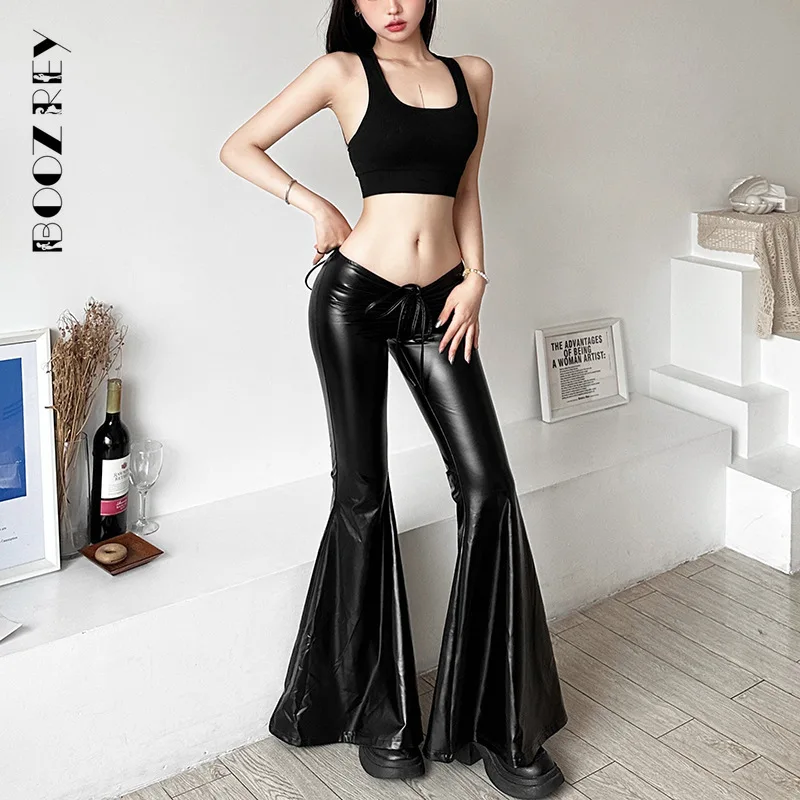 

BoozRey Fashionable Personality PU Leather Drawstring Wrinkles Trousers 2023 New Sexy Low-waisted Skintight Flared Trousers
