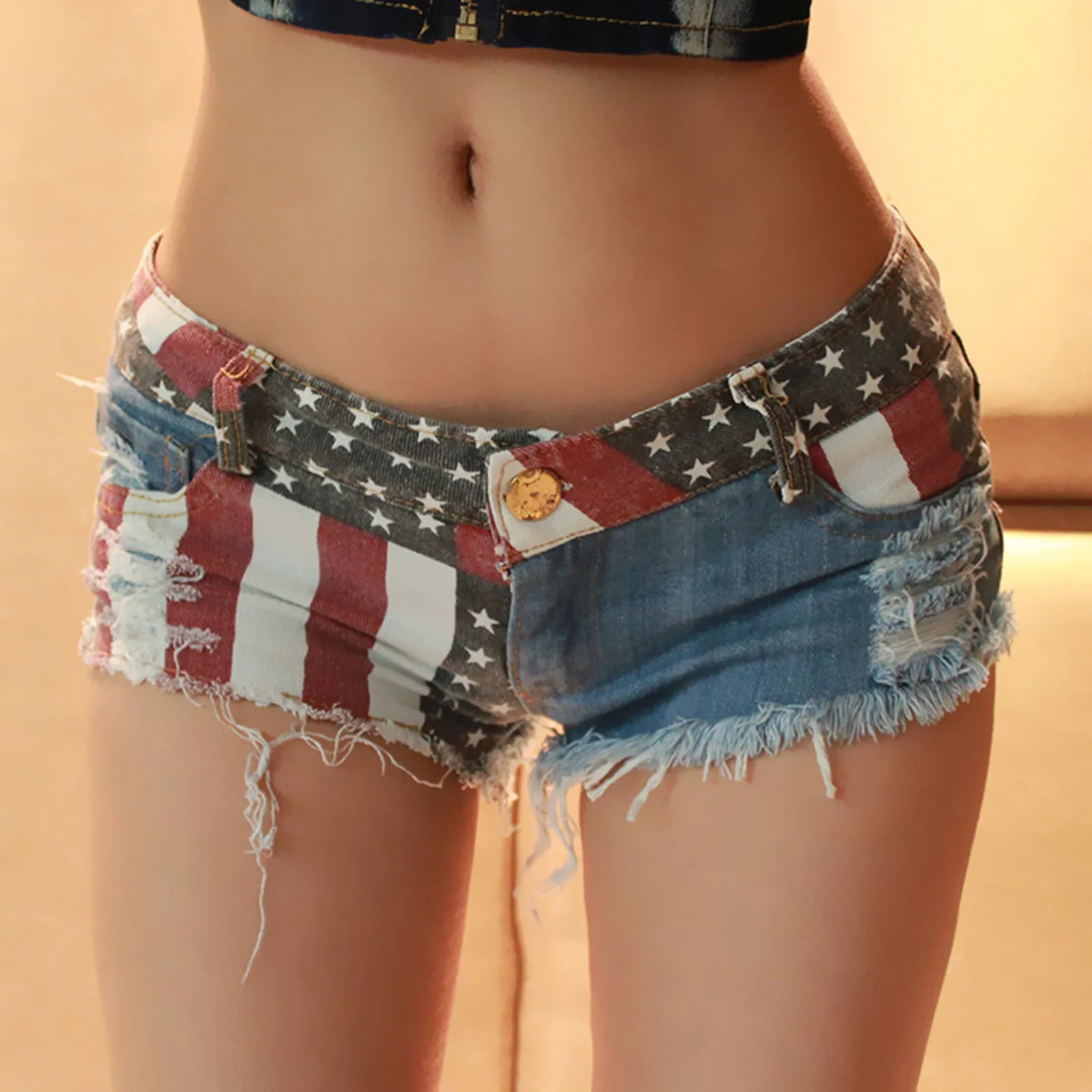 

Mid Waist Jeans Shorts 2024 Women New Fashion Usa Flag Printed Denim Pole Dance Skinny Hot Hole Short Pants Summer Style