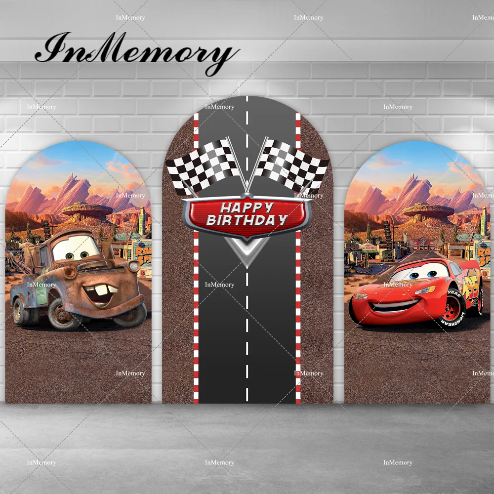 

Cartoon Movie Cars Arch Backdrop Boys Birthday Party Baby Shower Kids Racing Story Flags Chiara Wall Background Double-sided