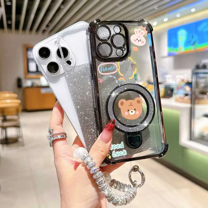 Pearl Strap Glitter Cute Bear Phone Holder Case