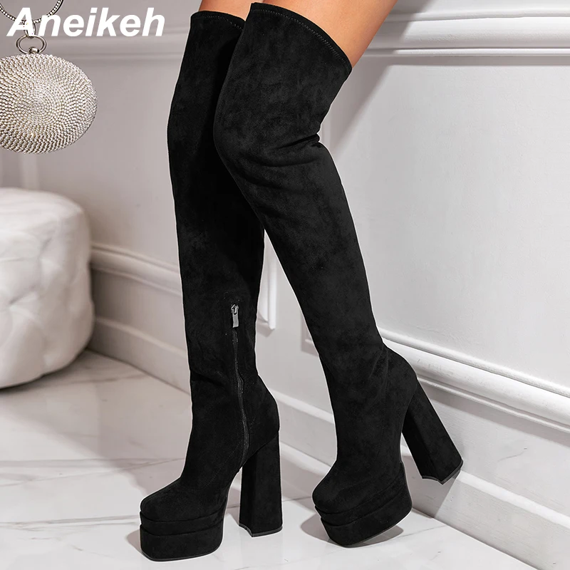 

Aneikeh 2024 Fashion Round Head Thick Over The Knee Long Boots Women's Flock Platform Super High Heel Side Zipper Chelsea Boots