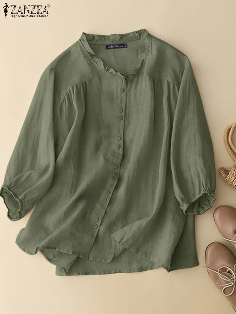 

ZANZEA Vintage Summer Blouse Women 3/4 Sleeve Solid Shirt Ruffles Blouse Oversize Buttons Blusa Female Casual Ruffles Tunic Tops