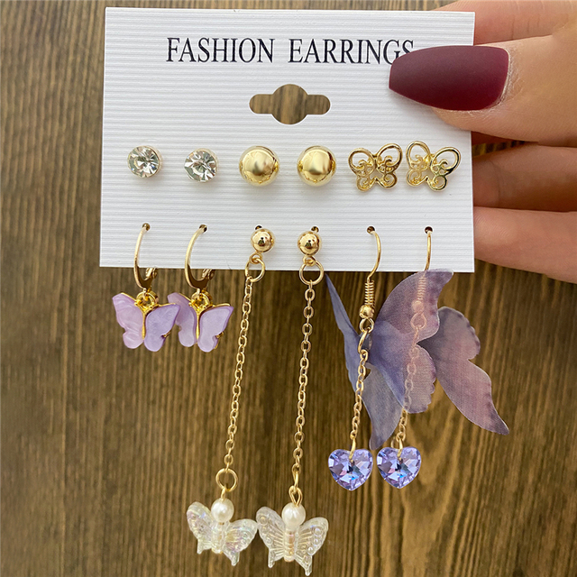 Trendy Gold Silver Color Butterfly Hoop Earrings Set For Women Snake Pearl Resin Hoop Earrings Brincos Party Jewelry