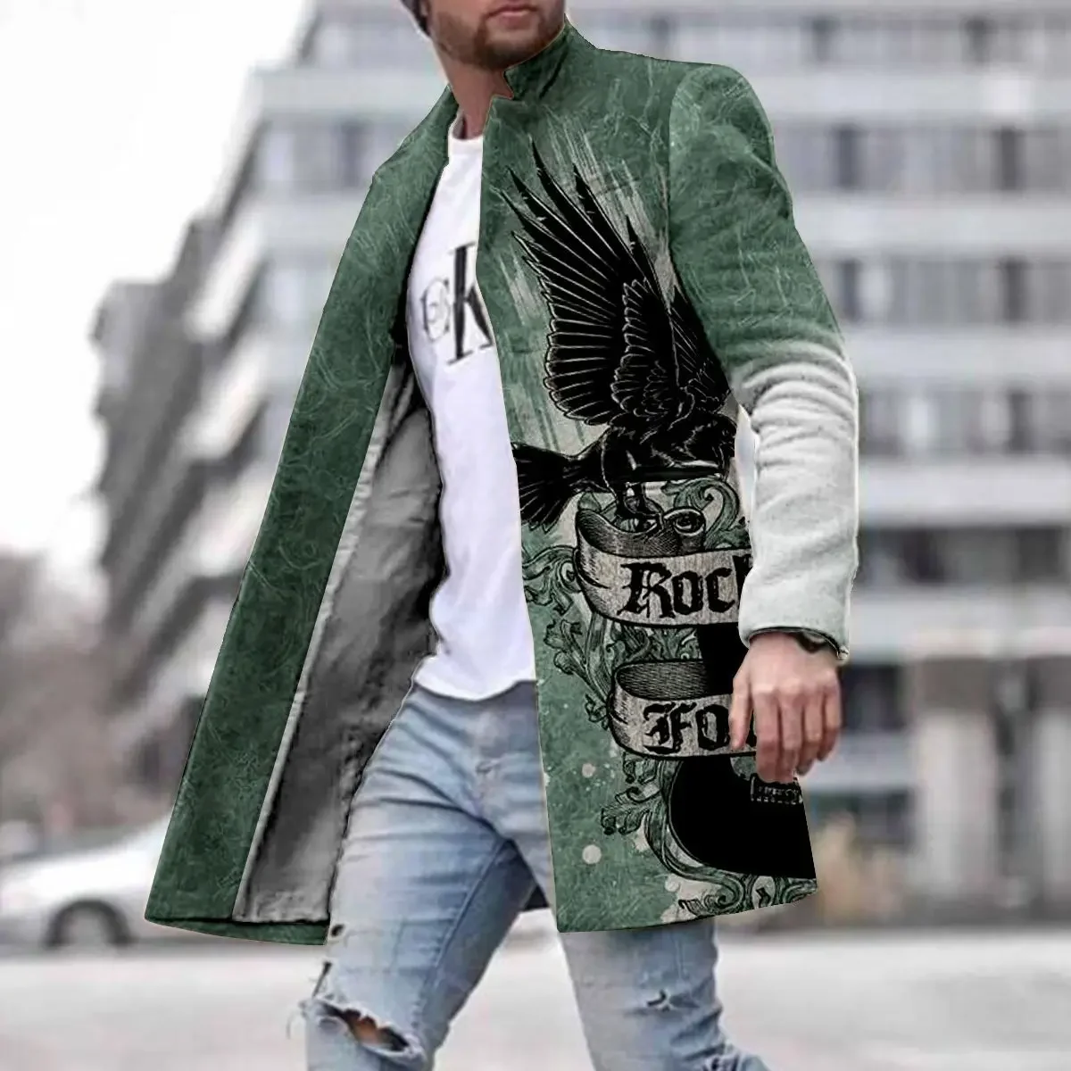 new spring print new men's street youth woolen stand collar medium length pocket casual coat trench coat men techwear