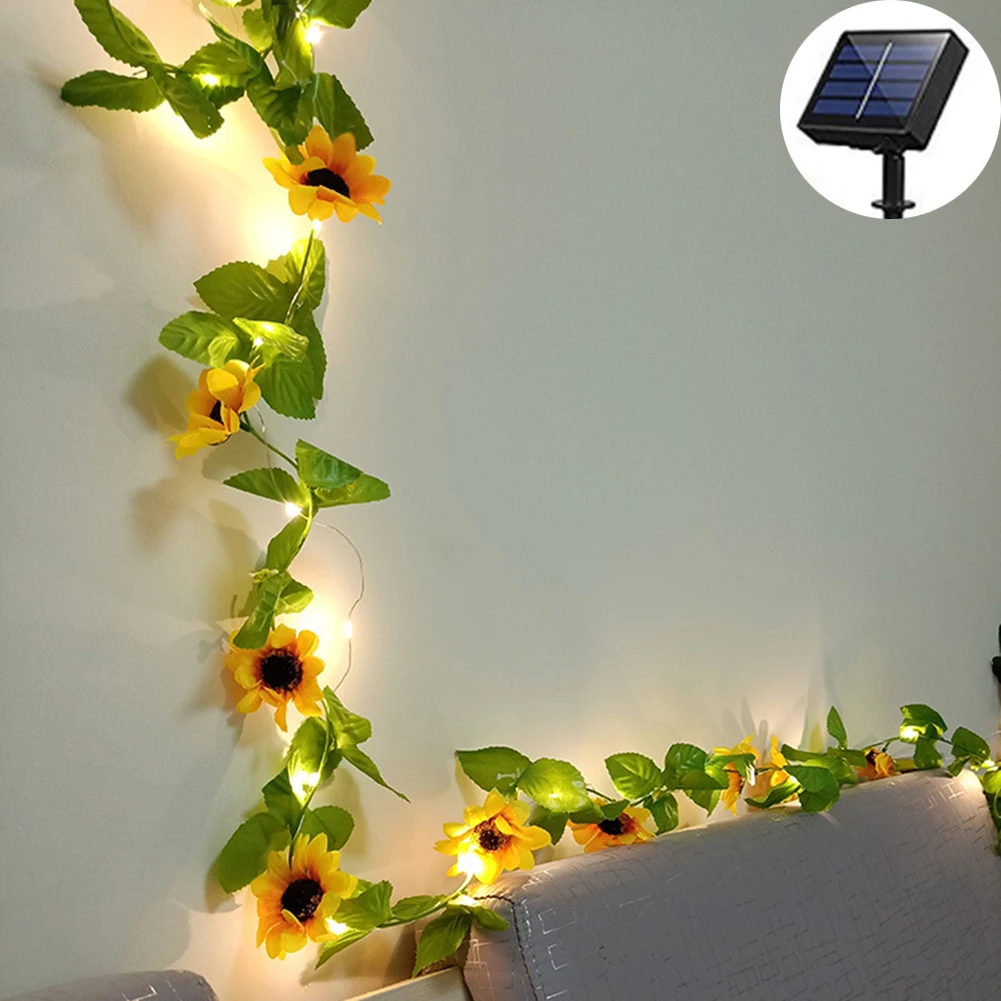 Solar Artificial Sunflower Rose String Light, Garland Fairy String Lights Green Leaf Vine Light for Garden Party Decor solar lights for sale Solar Lamps