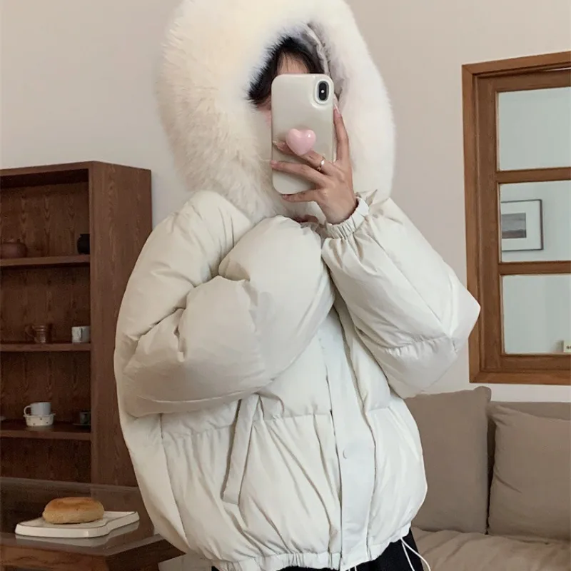 2023 New Women White Duck Down Jacket Winter Coat Female Short Parkas Fox Fur Collar Hooded Outwear Fashion Warm Thick Overcoat