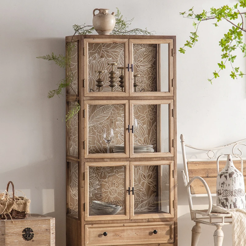 Vintage Wine Cabinet Sideboard Cabinet Solid Wood Wall Cabinet Living Room Carved Glass Cabinet Display Cabinet Bedroom Locker