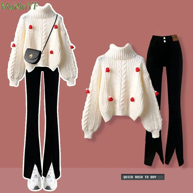 

Women Fashion Red Pompom Turtleneck Sweater Pants 1 or 2 Piece Set 2023 Christmas Knit Tops Trouser Outfits Lady Daily Knitwear