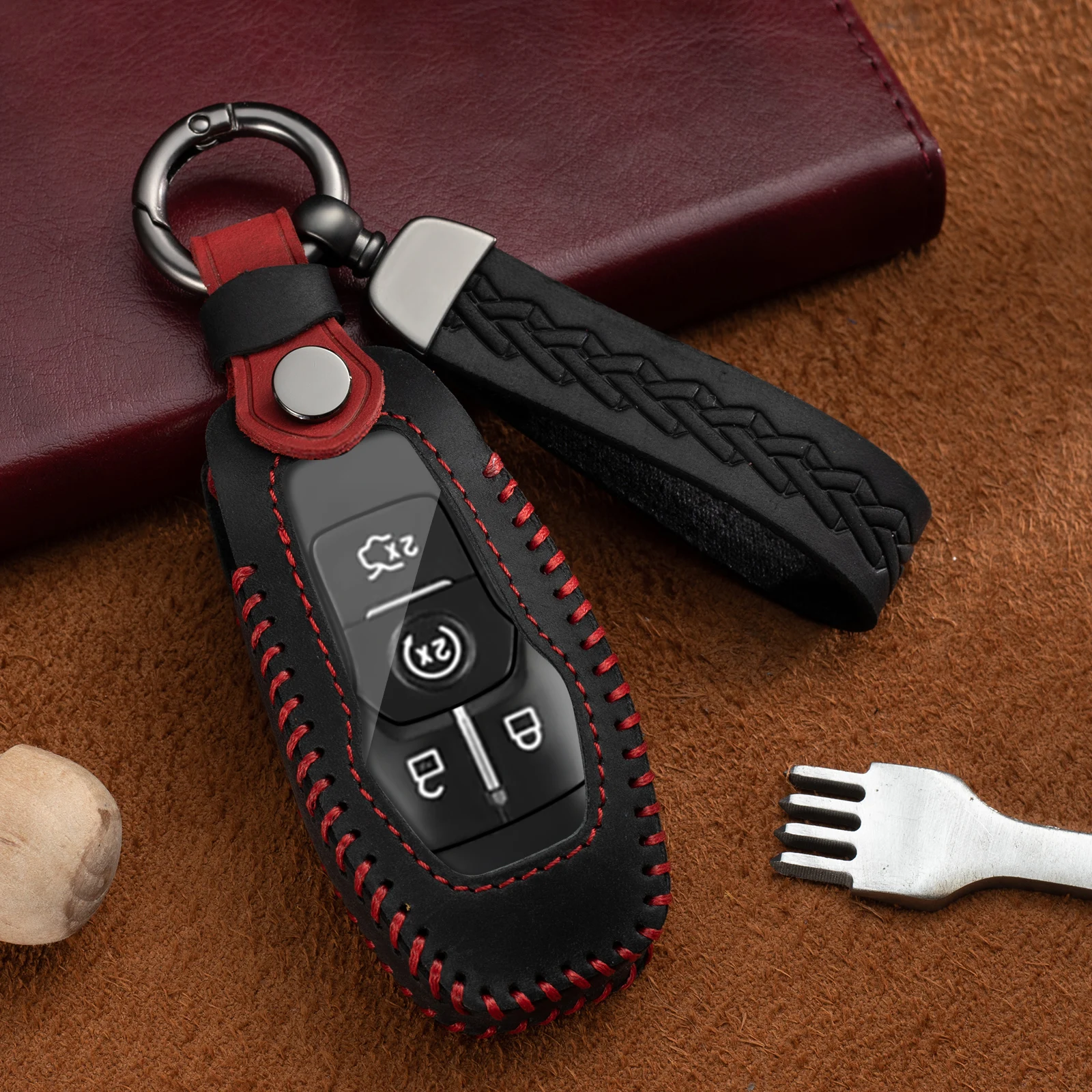 for Ford Key Fob Cover with Keychain, Leather Keyless Entry Car