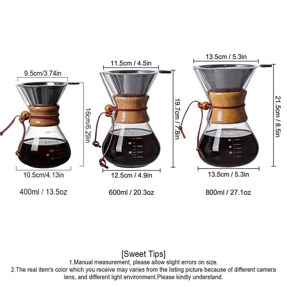 Pour Over Coffee Maker Set, Glass Carafe with Reusable Steel Filter, Wood Collar, Cleaning Brush & Cloth Brewer Kit