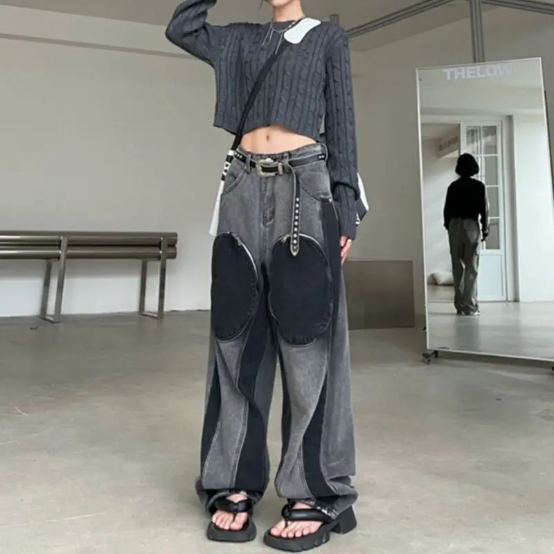 Retro Men Women Denim Pants Color Patchwork Oversized Pocket Designer Zip Jeans Wide Leg Pants Hip Hop High Street Baggy Pants