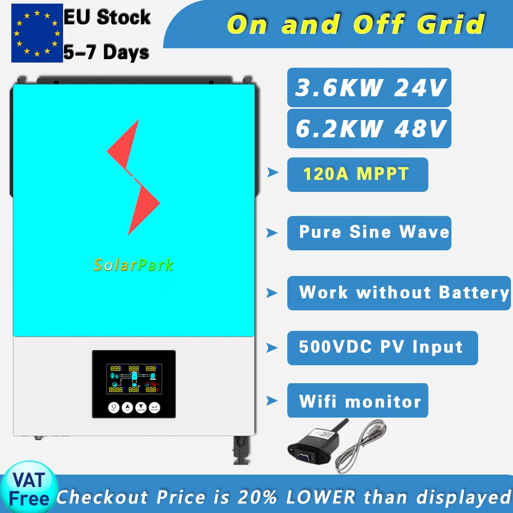 

6.2kw 48v On&Off Grid hybrid Solar inverter Built-in 120 A MPPT Solar charger, Input voltage range:90-500VDC