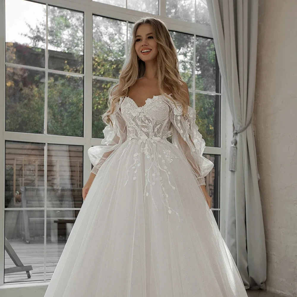 

New Arrival Ball Gown Glitter Wedding Dresses Removable Puffy Long Sleeve Appliques Lace Tulle Bohemian Bridal Gowns