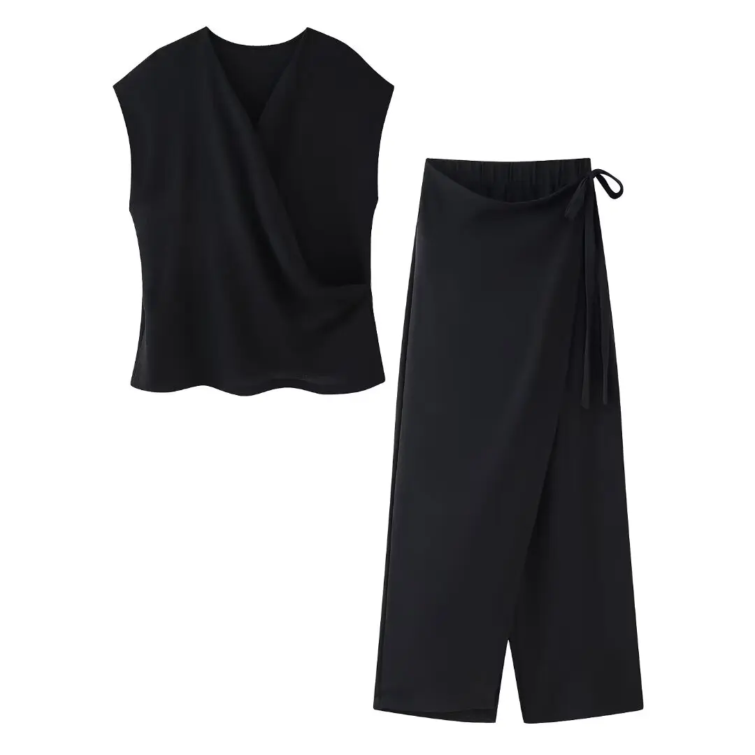 thumbnail image 1 of HH TRAF Trajes nuevos de verano para mujer Top sin mangas con escote en V sólido y hombros descubiertos + lazo lateral con cordones decorativos Pantalones de cintura elástica para mujer, 1 of 4
