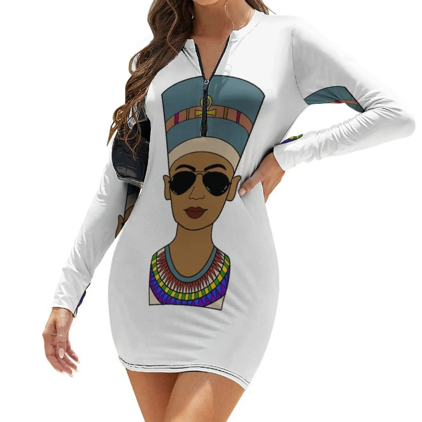 

Nefertiti Egyptian Queen Goddess wearing aviator sunglasses Long-Sleeve Bodycon Dress Clothing female women's fashion dresses