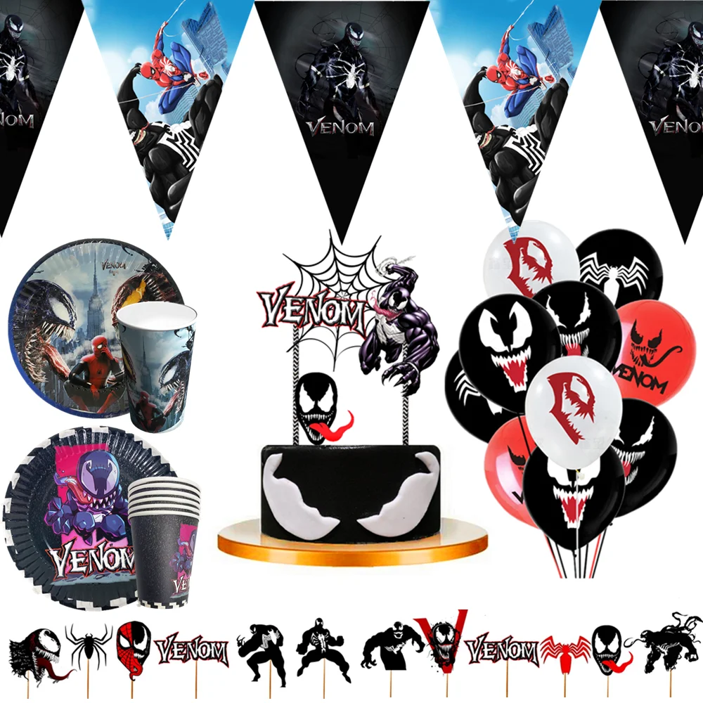 Venom Theme Birthday Party Decorations Napkins Plates Tablecloth Cups Balloons cupcake toppers Birthday Party Decoration Kids 60pcs lot happy birthday party bee theme plates kids boys favors cups napkins baby shower decorate towel dishes