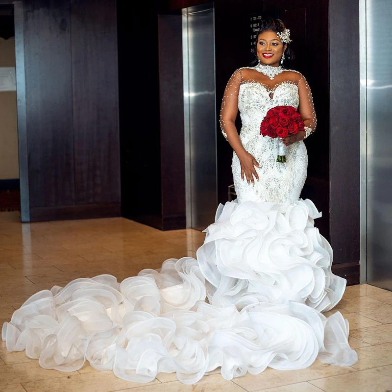 

Africa Mermaid Wedding Dresses High Neck Long Sleeve Cascading Ruffles Tiered Appliques Beaded Church Bridal Gowns Customized