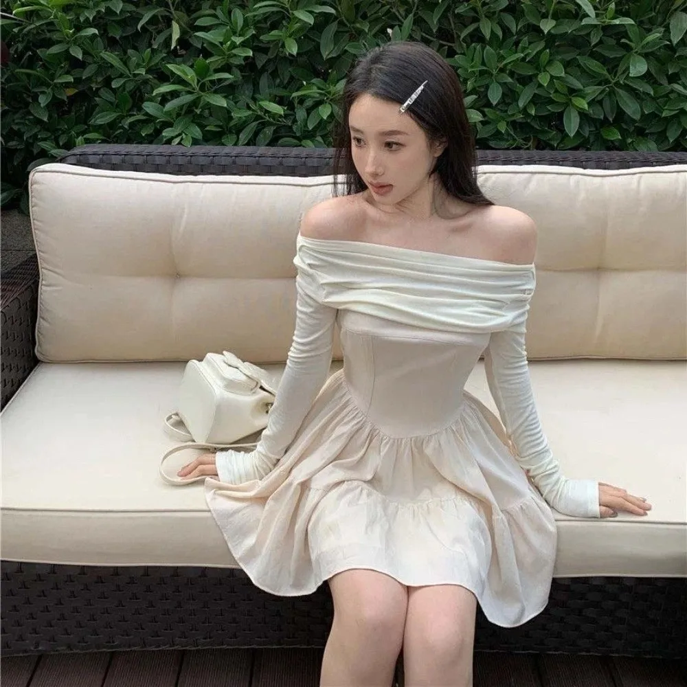 Long Sleeved Slim Short Skirt Korean Fashion Lightweight One Collar Dress Leisure Slim Fit A-line Short Skirt Autumn Spring