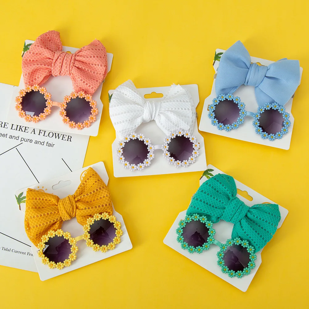 Kids Sunglasses And Elastic Hair Ties Daisy Flower Eyewear Bow Headwear Children Beach Sun Glasses Baby Headband 2Pcs/Set