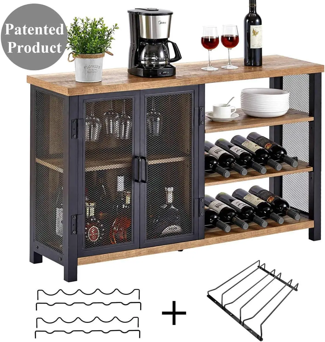 BON AUGURE Industrial Bar Cabinet for Liquor and Glasses, Rustic Wine Cabinet with Doors, Farmhouse Coffee Bar
