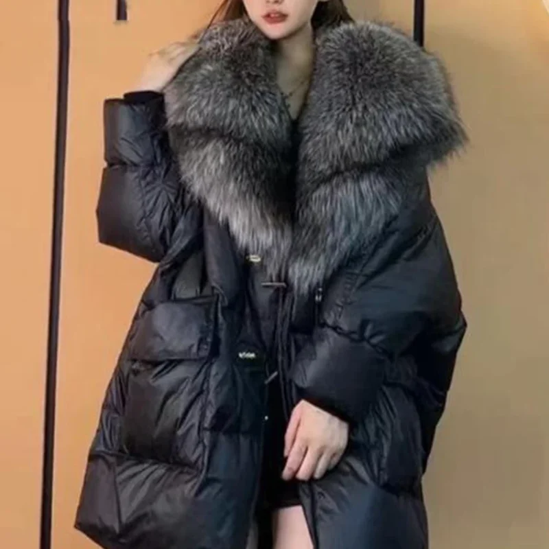Lksk Piumino D'Anatra Cappotto Invernale Donna Collo Di Pelliccia Addensare Piumino Caldo Vintage Streetwear Eleganti Cappotti Oversize