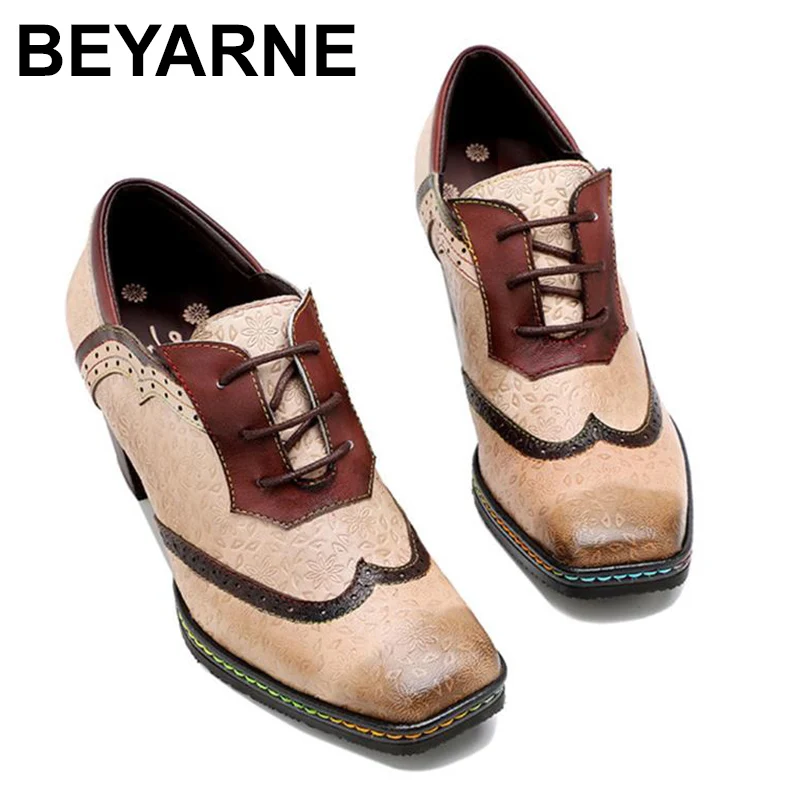 

Spring/Autumn Pumps Women Shoes Retro Mixed Colors Genuine Leather Square Toe Lace-Up High Heels Concise Ladies Shoes