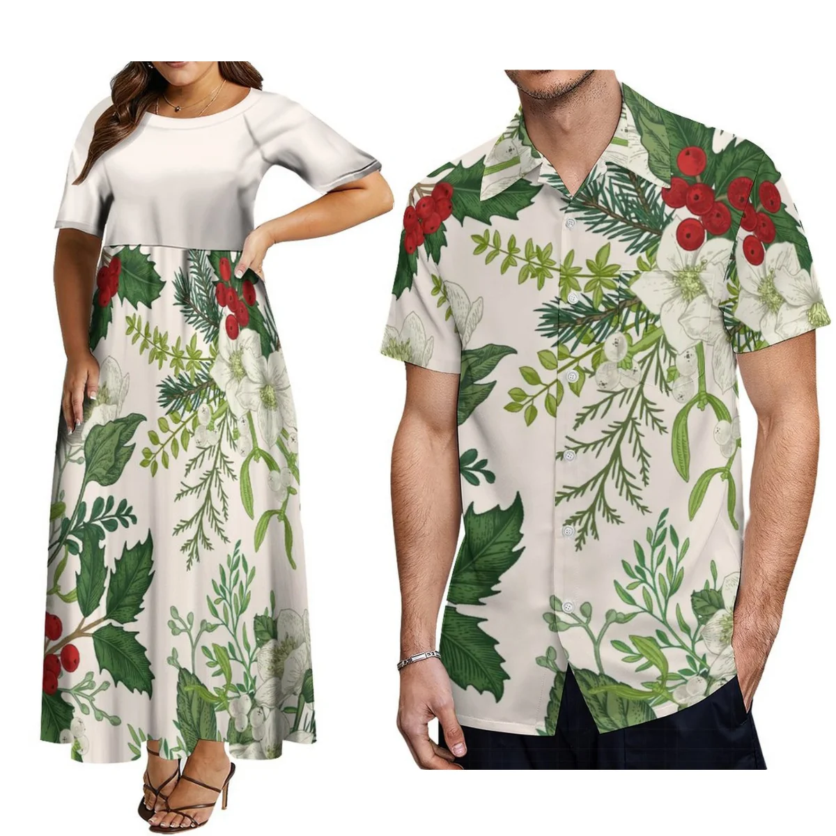 

2024 Polynesian Tribe Island Couple Set Custom Women'S Crew Neck Dress Samoan Maxi Skirt Plus Size To Match Hawaiian Men'S Shirt