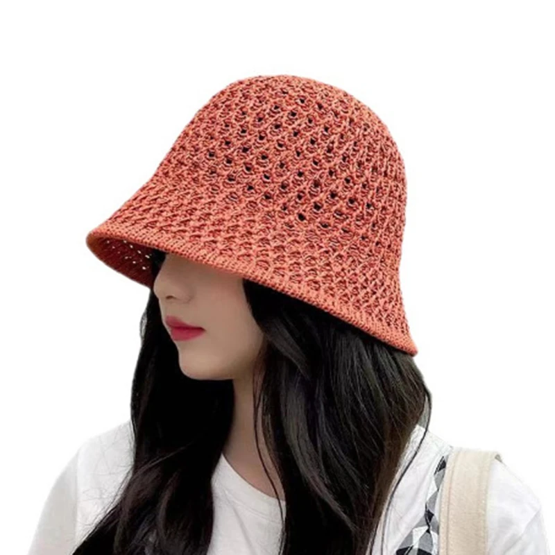 Outdoor Hiking Hat Bucket Hat Spring Summer Hollow Knitted Hat Solid Color Sunhat Fisherman Caps Casual Foldable Beach Cap