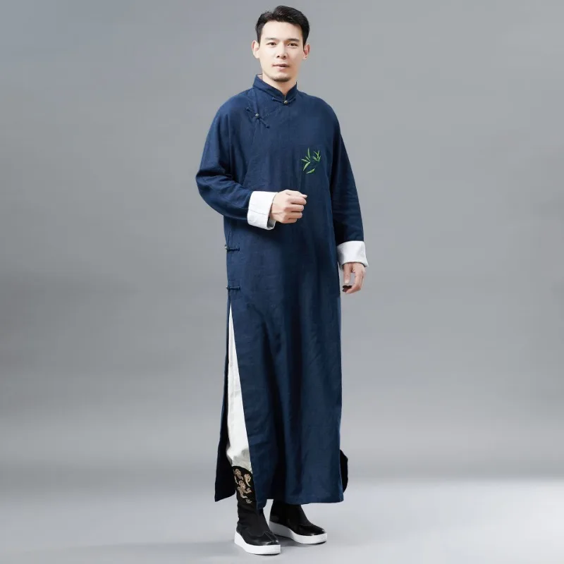 Spring Autumn New Embroidered Bamboo Gown Men's Chinese Style Long Hanfu Traditional Clothing Kung Fu Uniform Men Long Robe