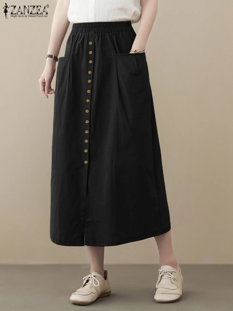

ZANZEA Women Summer Elastic Waist Loose Casual Skirt 2023 Fashion A-line Solid Midi Skirts Faldas Saia Work Jupe Kaftan Oversize