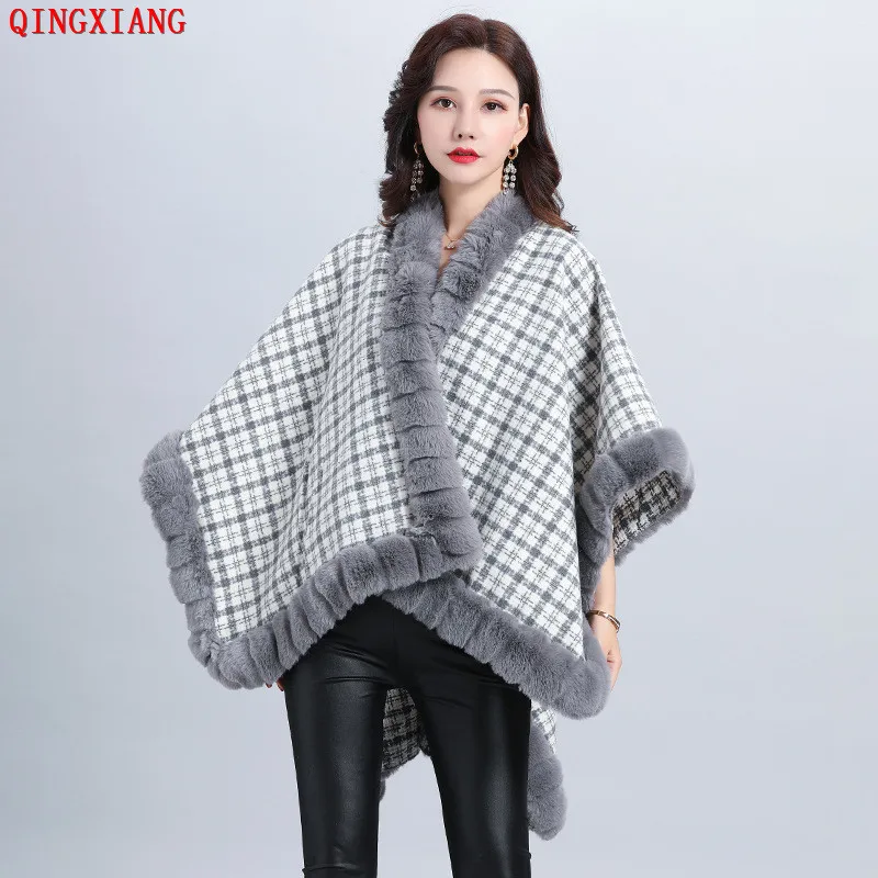 6 Colors 2022 Black Striped Poncho Cloak Faux Rabbit Winter Warm Oversize Streetwear Capes Women Loose Split Long Shawl Coat