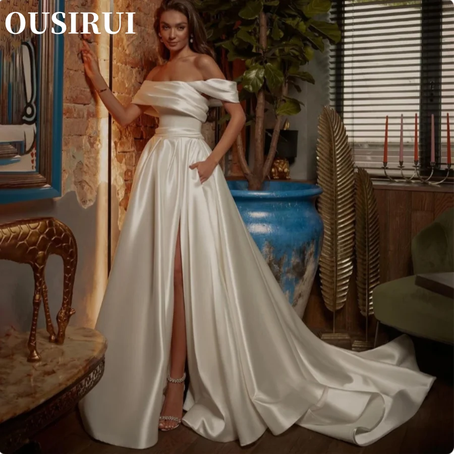 

OUSIRUI A-Line Off Shoulder High Side Slit Bridal Gowns Backless Princess Elegant Solid Satin Wedding Dresses Bride Dress 2024