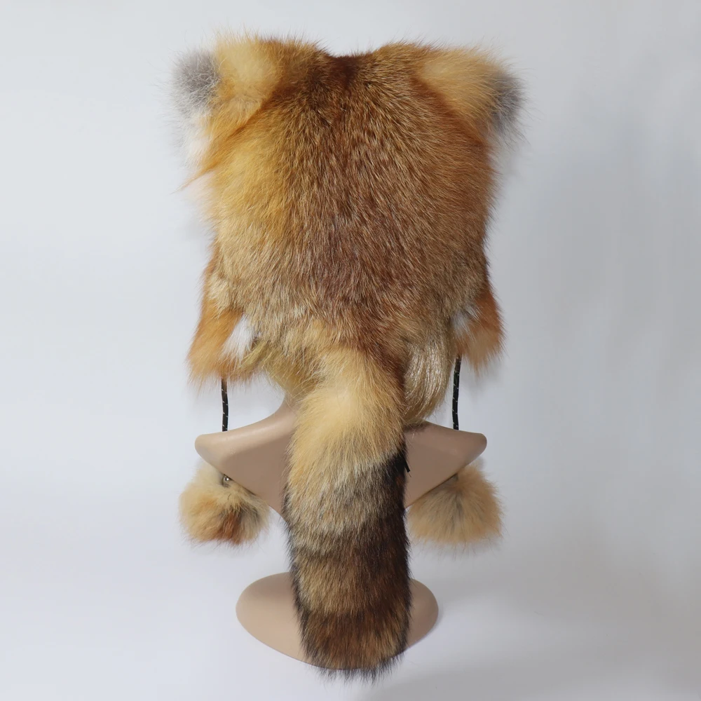 Real Fox Fur Hat With Tail Winter Women Luxury 100% Genuine