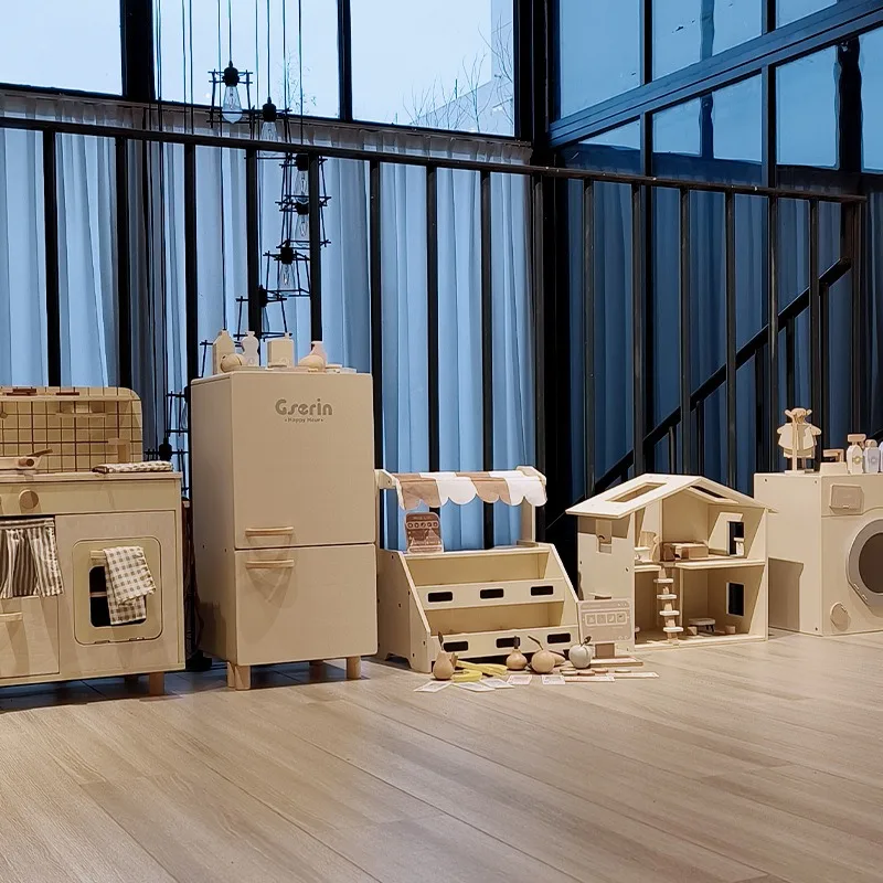 Wooden Children's Simulation Play House Nordic Style Kitchen Refrigerator Washing Machine Mini Cooking Doll Room Set Toys