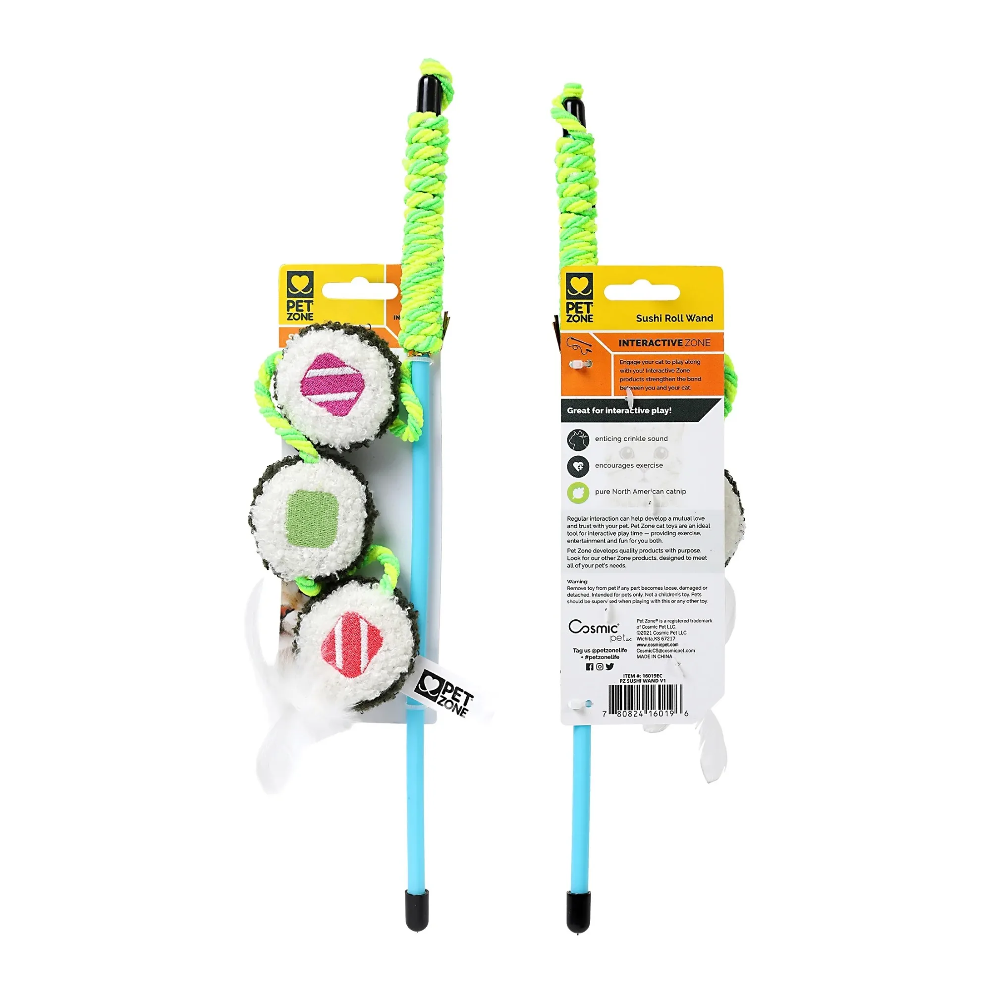 Pet Zone Sushi Wand Cat Toy, Multi-Color, Interactive, Catnip