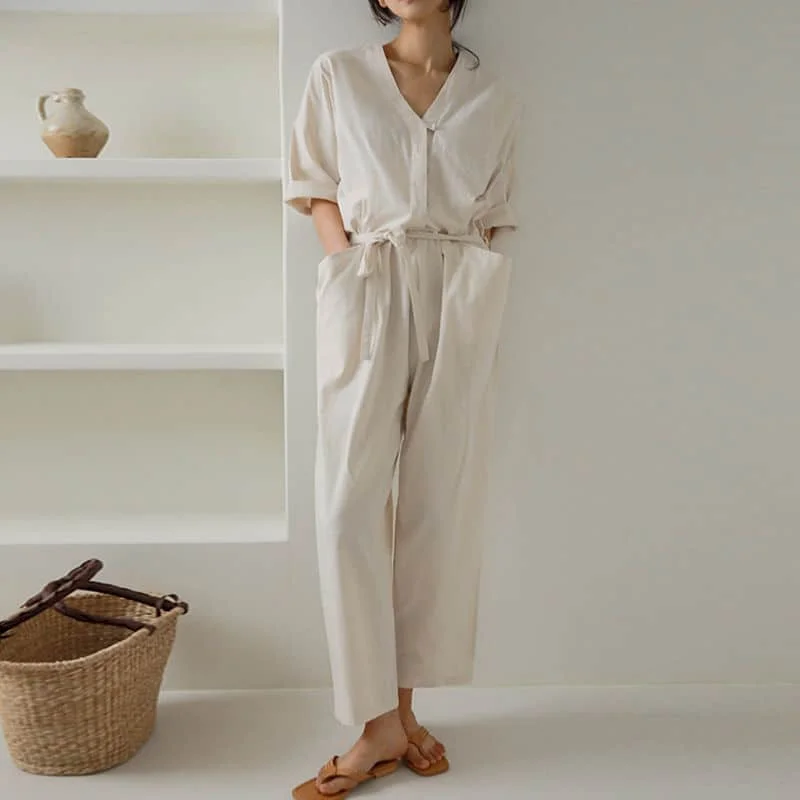 

Cotton linen Jumpsuits Korean Style Oversized Vintage Playsuits Summer One Piece Outfits Overalls for Women Clothes Cross Pants