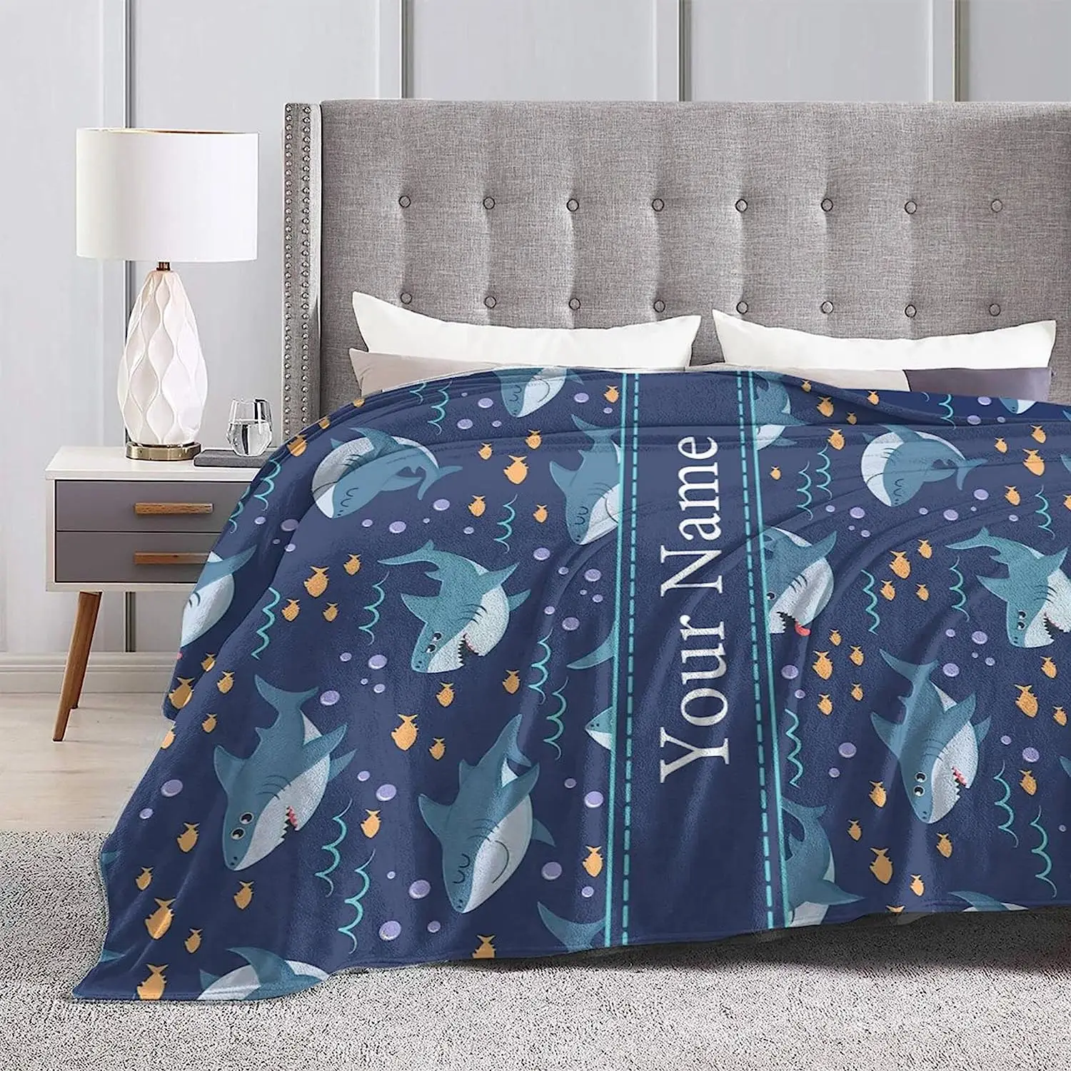 Blue Sharks Blanket, Customized Name Shark Blanket Gifts for Kids Adults, Soft Cozy Flannel Fleece Throw Blanket for 5