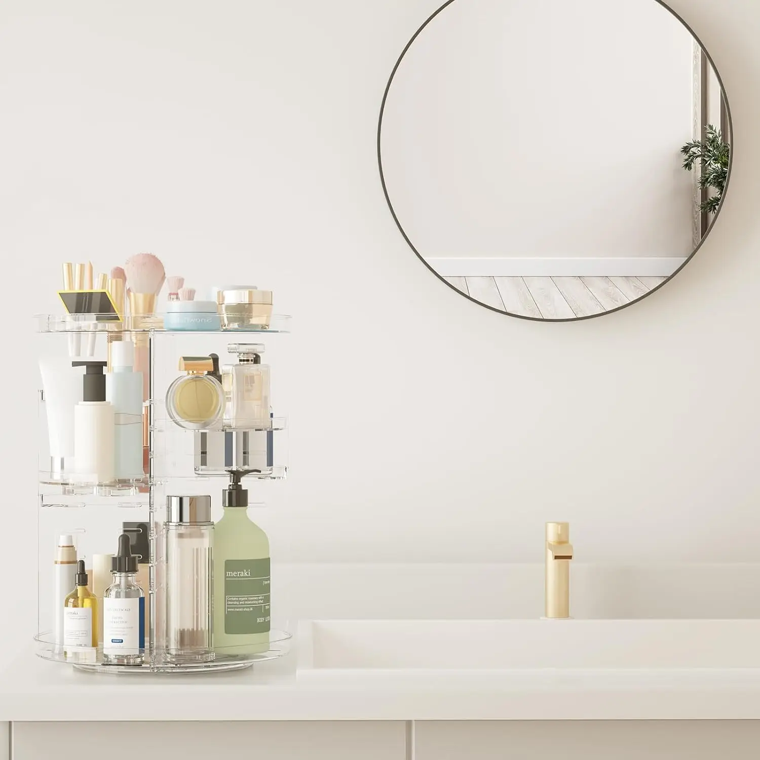 Rotating Makeup Organizer, Adjustable Layers Spinning Skincare Organizer, Cosmetic Display Case with Brush Holder Perfume Tray 3