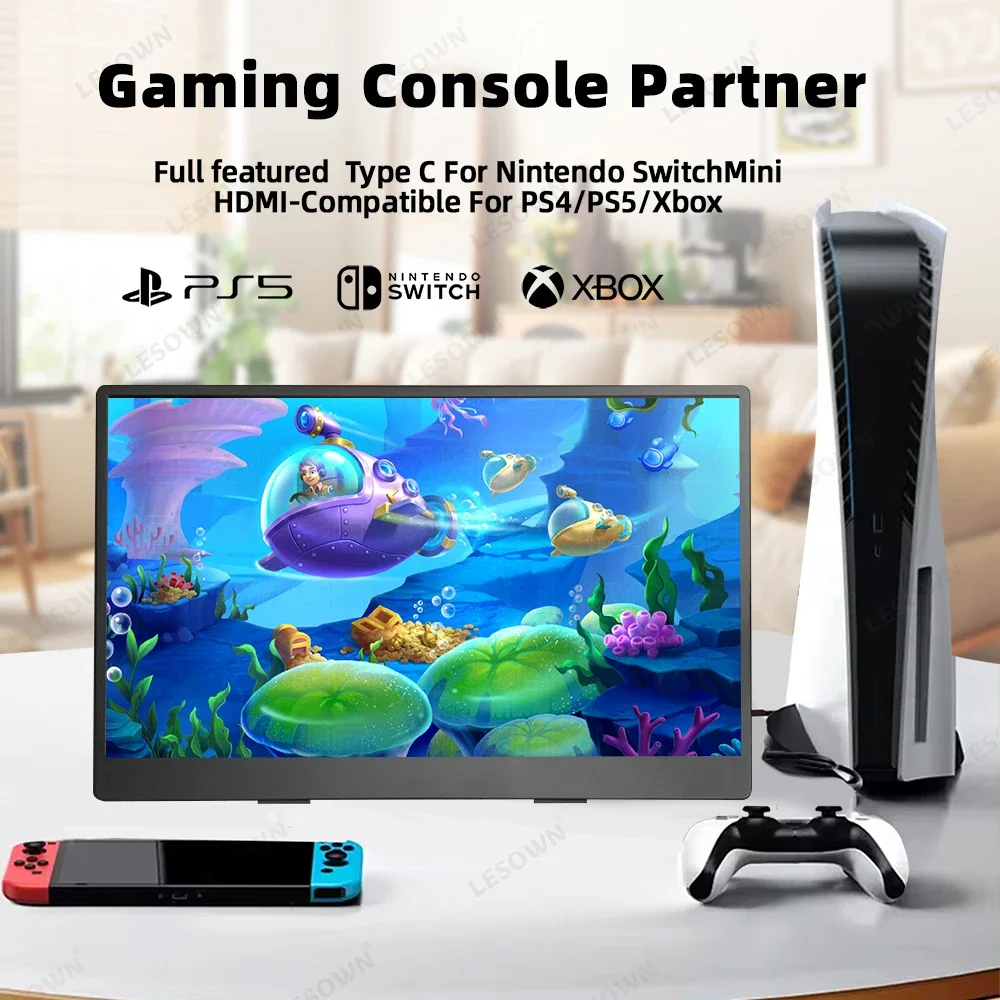 LESOWN 휴대용 모니터, 게이밍 PC 노트북 스위치용 소형 와이드 디스플레이, VESA 세컨드 스크린, IPS 터치 USB-C, 13.3 인치, 4K, 3840x2160