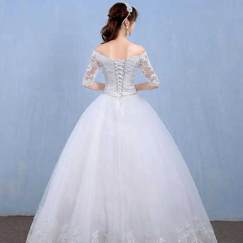 Maria Novia Half Sleeve Belt Wedding Dresses Off The Shoulder Lace Boat Neck Bride Dress Ball Gown Robe De Mariee Customized 2