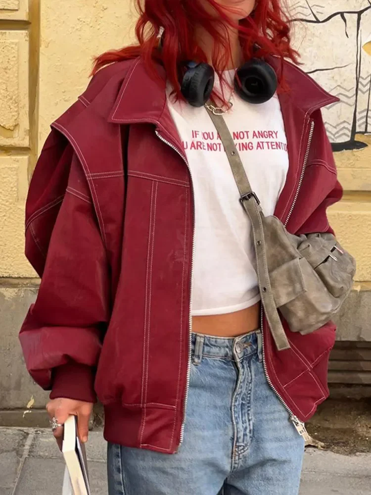 Fashion Patchwork Lapel Long Sleeve Coats Vintage Red Zipper Leather Jacket For Women 2024 Autumn Winter Female Casual Outerwear 2