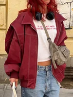 Fashion Patchwork Lapel Long Sleeve Coats Vintage Red Zipper Leather Jacket For Women 2024 Autumn Winter Female Casual Outerwear 2